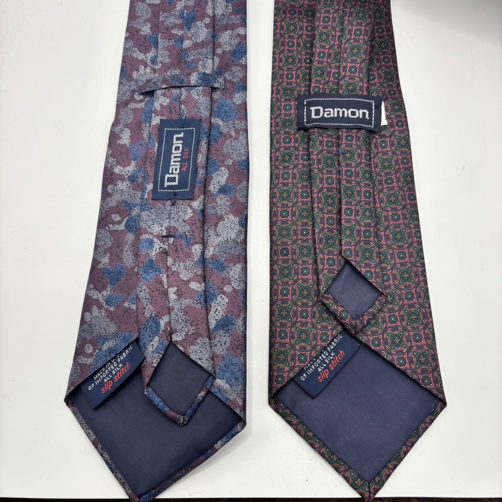 Vtg Damon Lot of 2 Mens‎ Silk Ties Abstract Purple Blue Geometric Green Burgundy